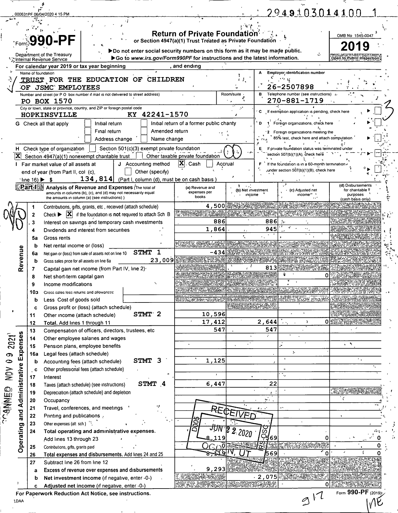 Image of first page of 2019 Form 990PF for Trust for the Education of Children of JSMC Employees