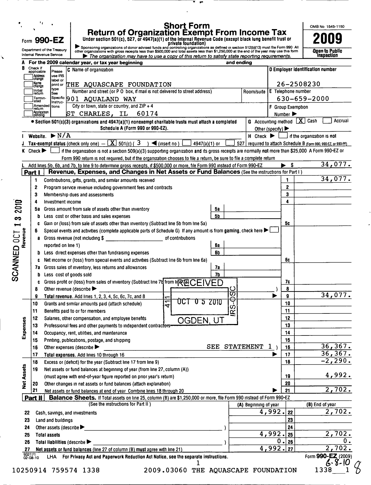 Image of first page of 2009 Form 990EZ for The Aquascape Foundation