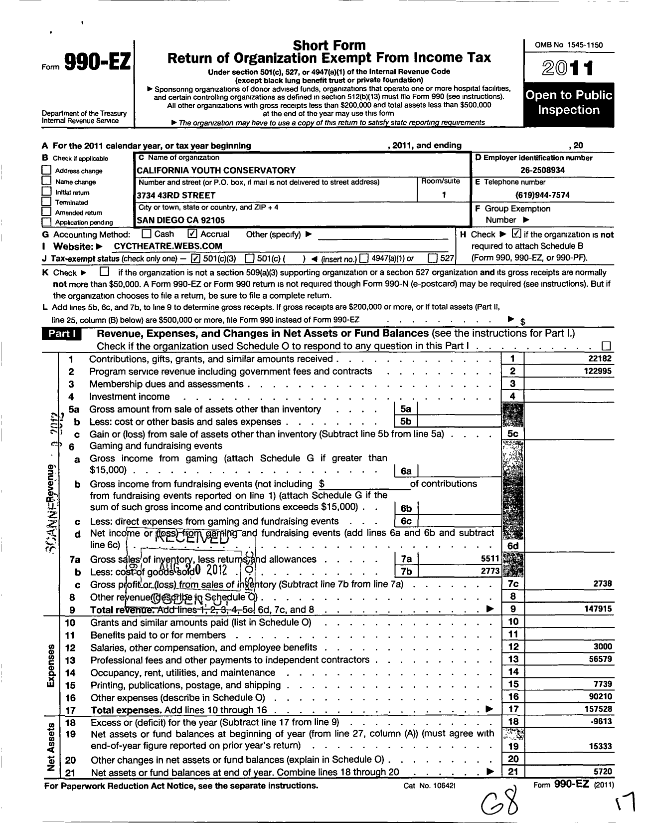 Image of first page of 2011 Form 990EZ for California Youth Conservatory