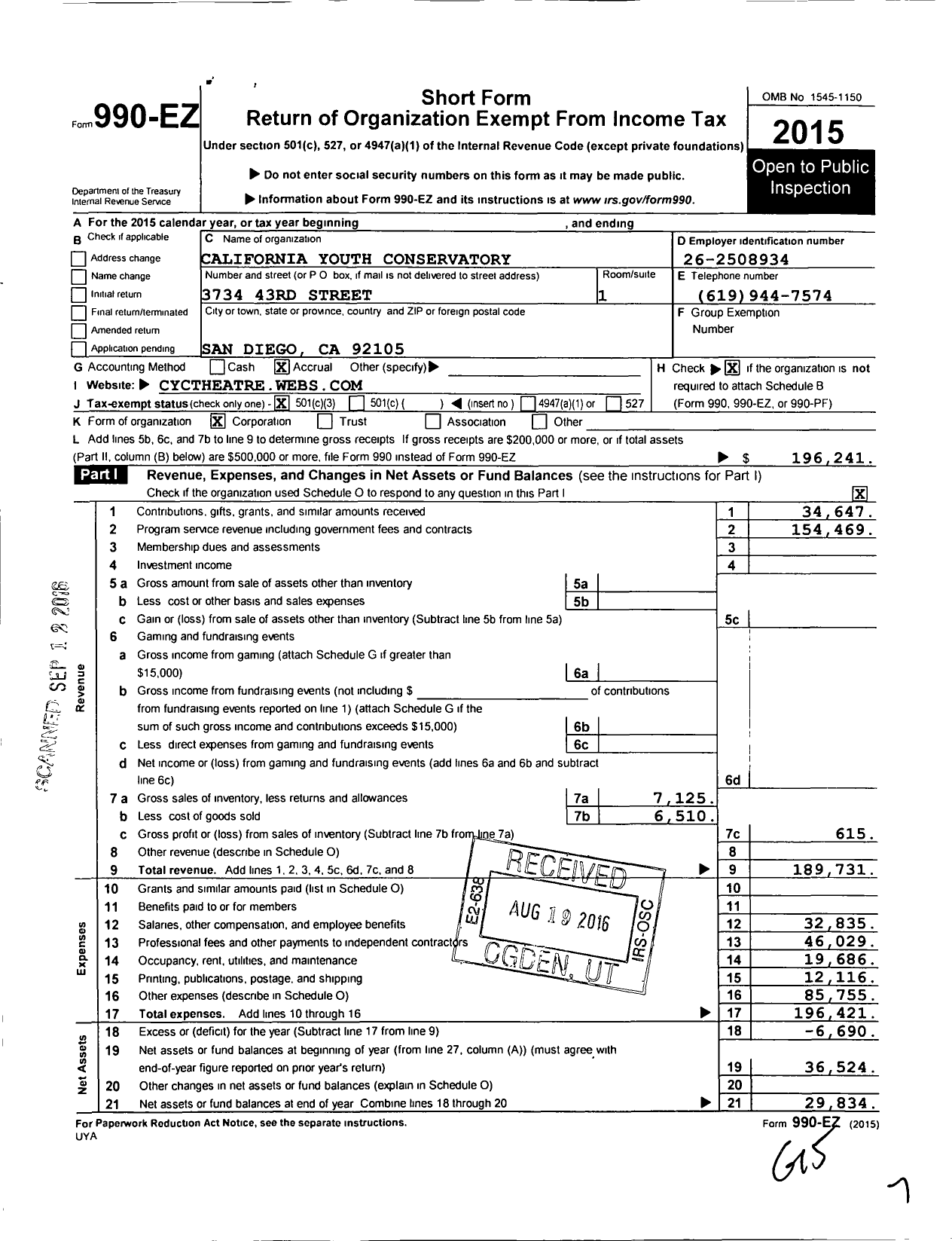 Image of first page of 2015 Form 990EZ for California Youth Conservatory