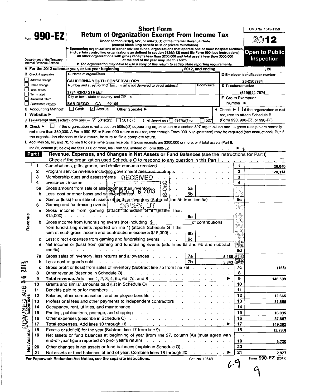 Image of first page of 2012 Form 990EZ for California Youth Conservatory