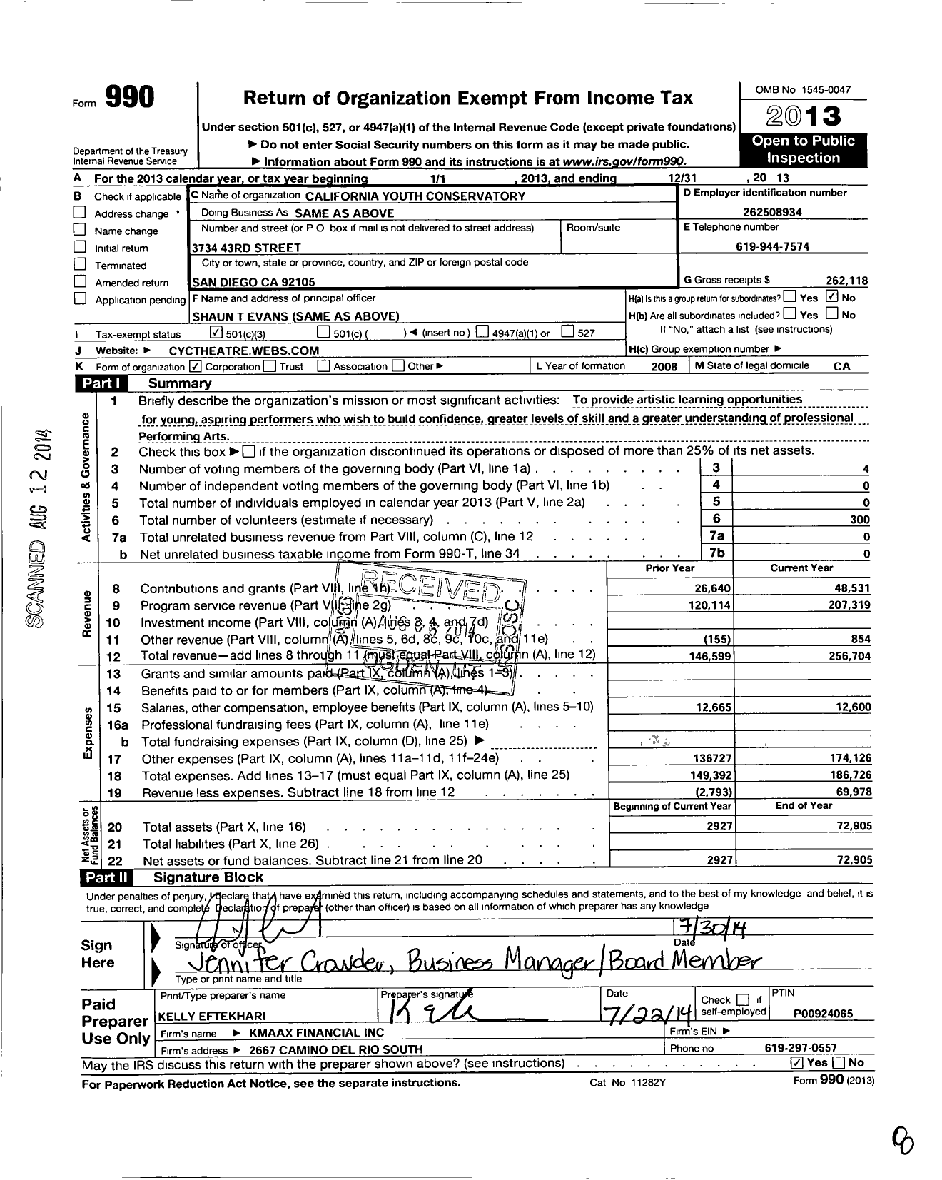 Image of first page of 2013 Form 990 for California Youth Conservatory