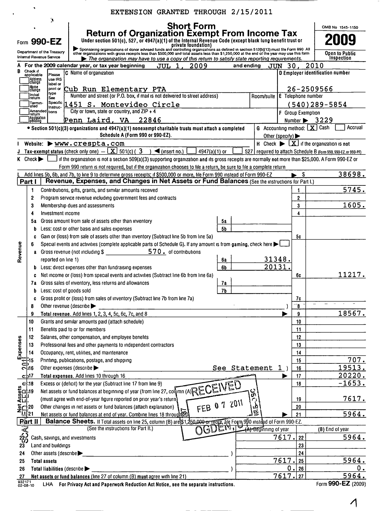 Image of first page of 2009 Form 990EZ for Virginia PTA - Cub Run Elementary School PTA