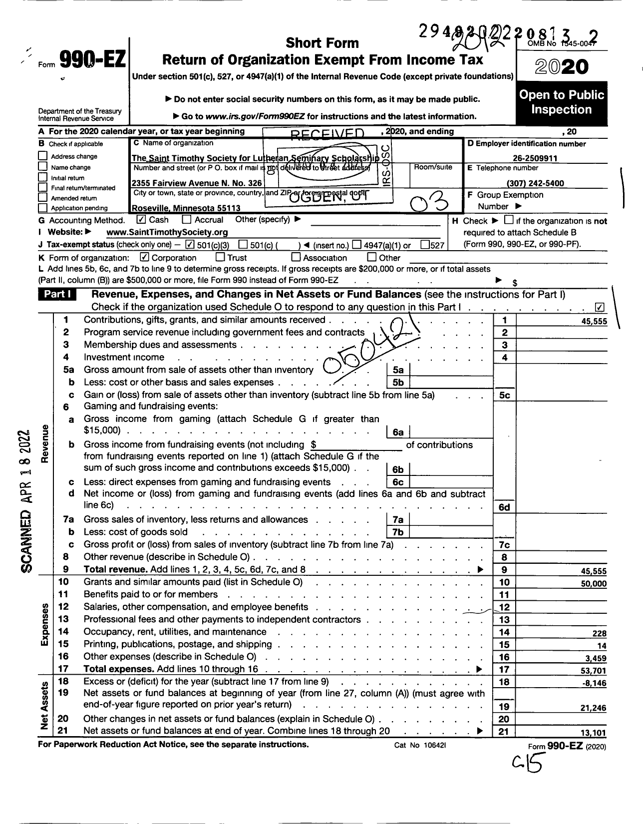 Image of first page of 2020 Form 990EZ for Saint Timothy Society for Lutheran Seminary Scholarship