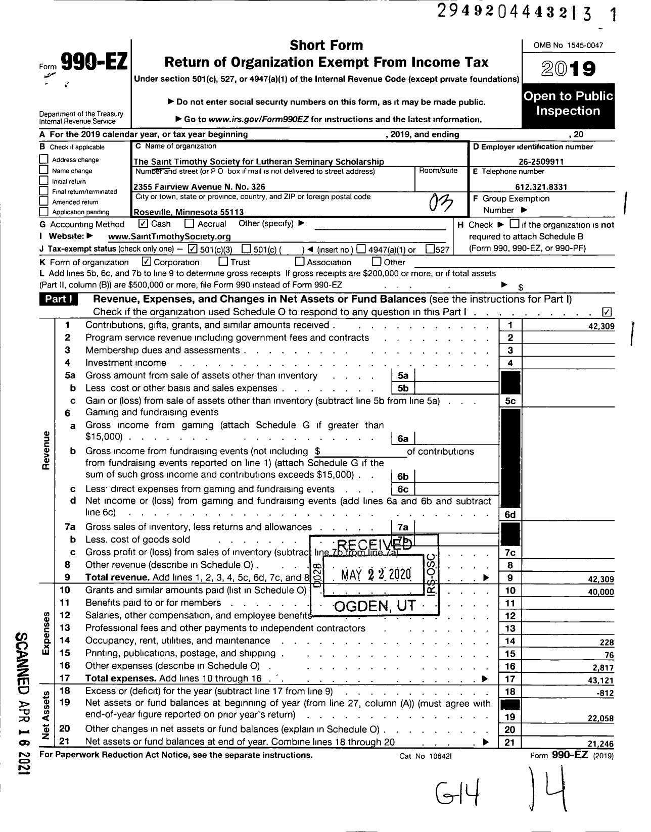 Image of first page of 2019 Form 990EZ for Saint Timothy Society for Lutheran Seminary Scholarship