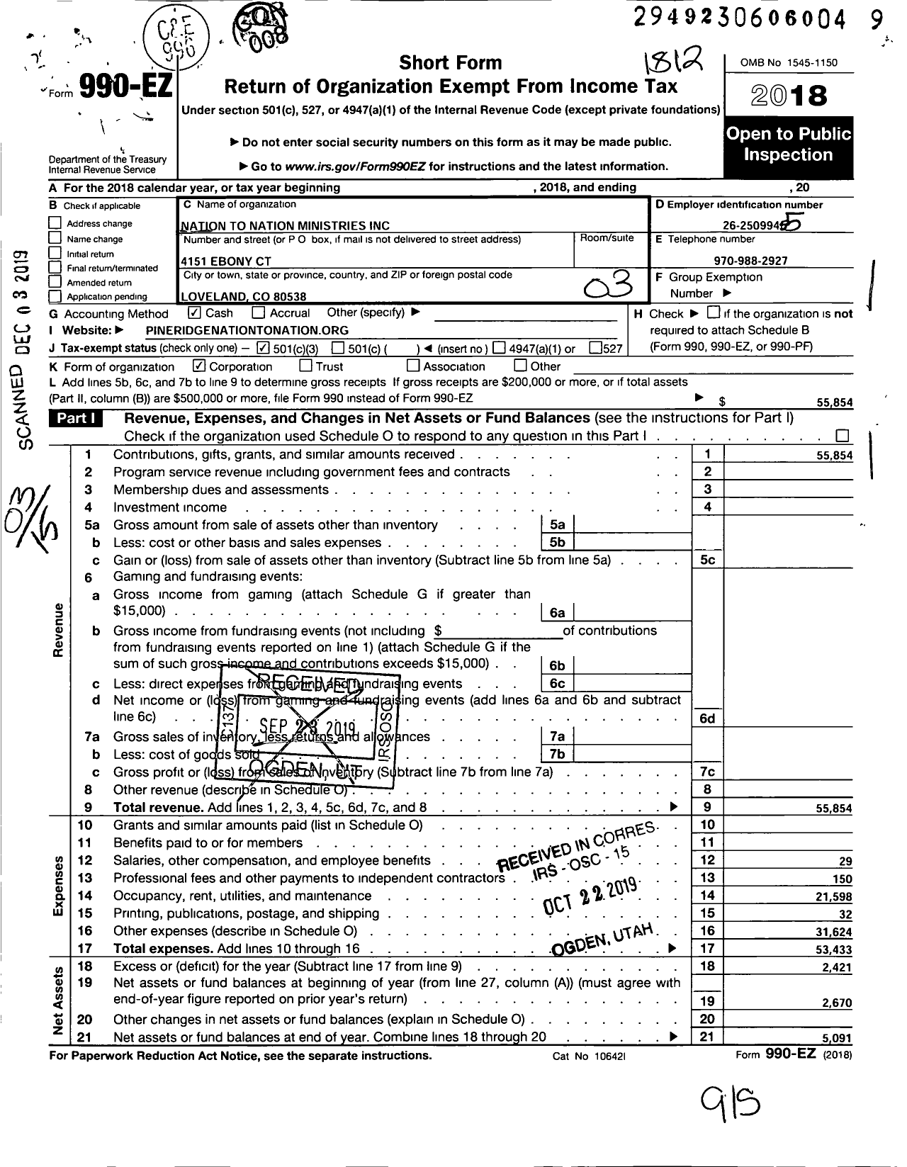 Image of first page of 2018 Form 990EZ for Nation To Nation Ministry