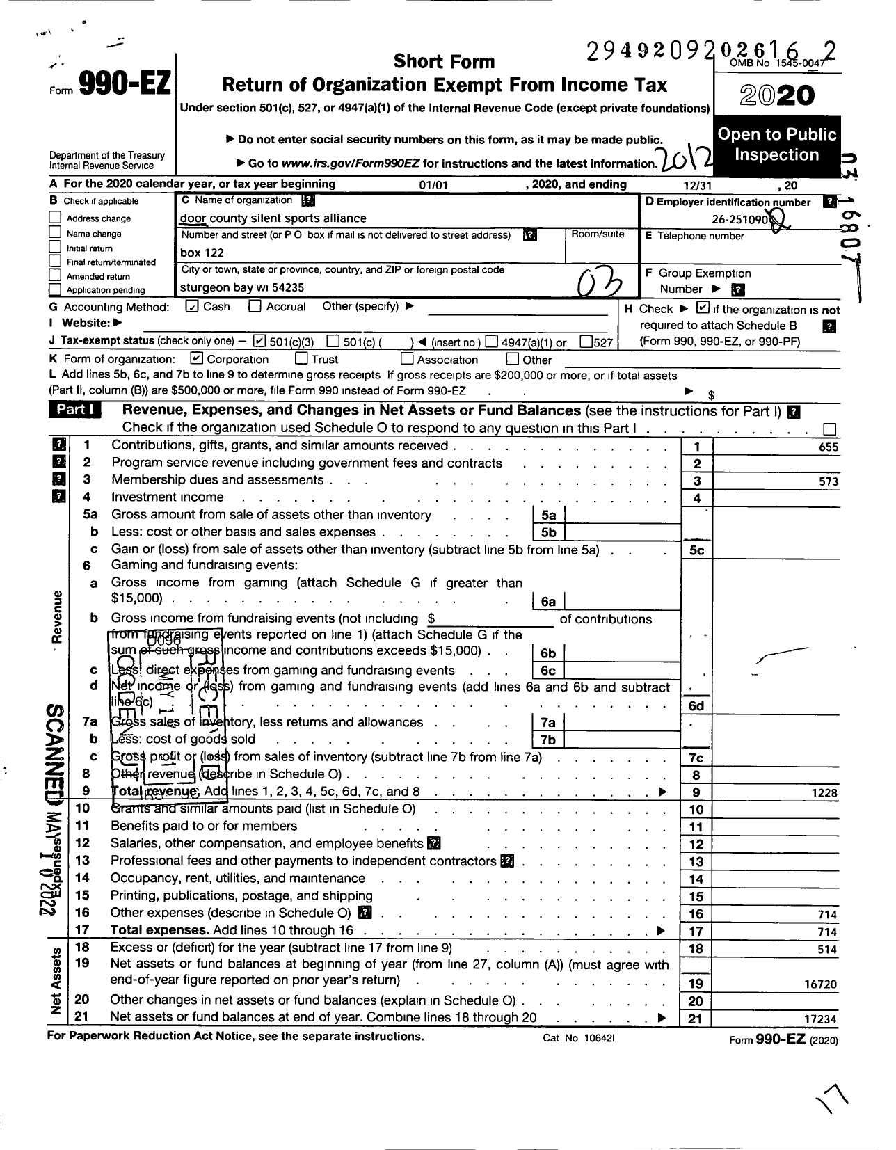 Image of first page of 2020 Form 990EZ for Door County Silent Sports Alliance (DCSSA)