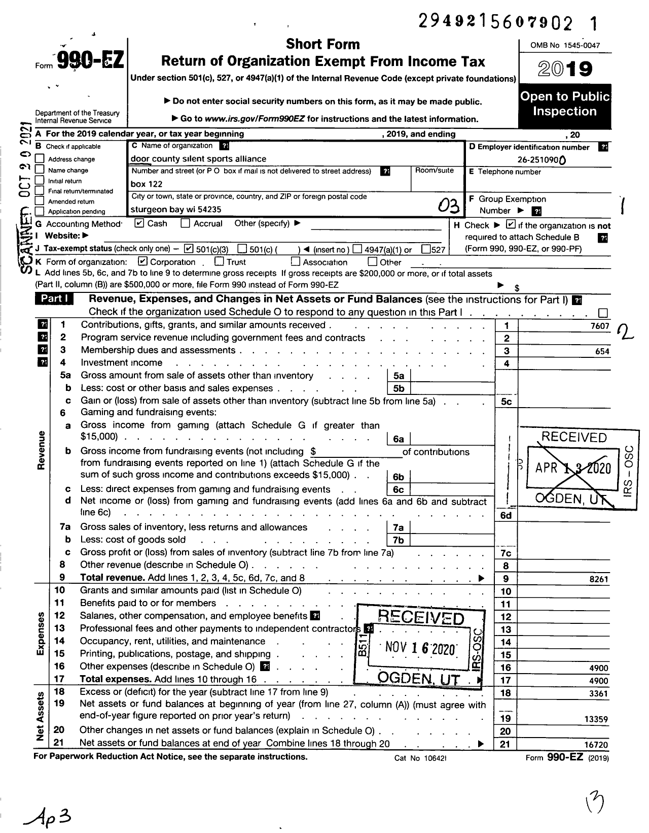 Image of first page of 2019 Form 990EZ for Door County Silent Sports Alliance (DCSSA)