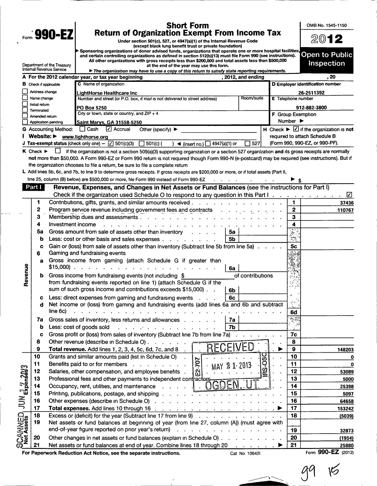 Image of first page of 2012 Form 990EZ for Lighthorse Healthcare