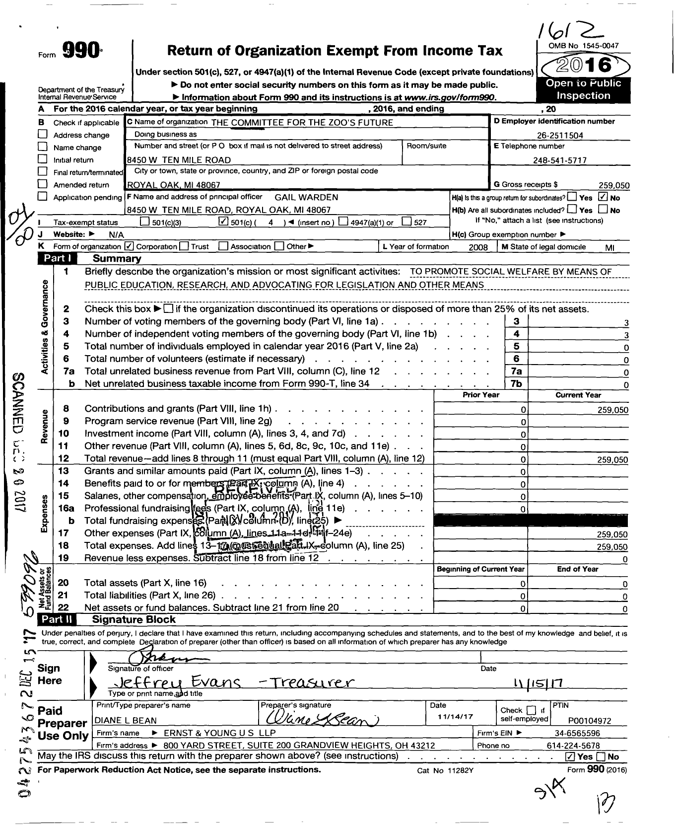 Image of first page of 2016 Form 990O for Committee for the Zoos Future