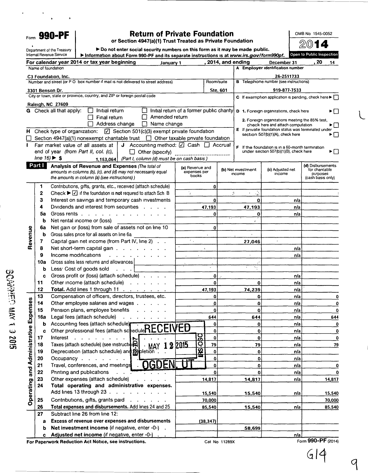 Image of first page of 2014 Form 990PF for C3 Foundation