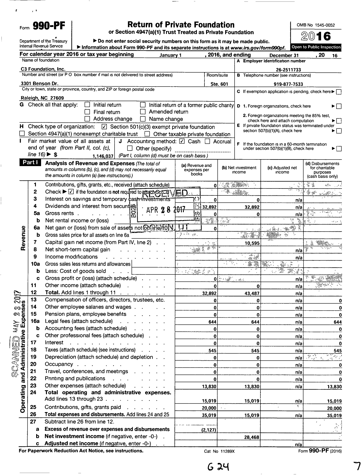 Image of first page of 2016 Form 990PF for C3 Foundation