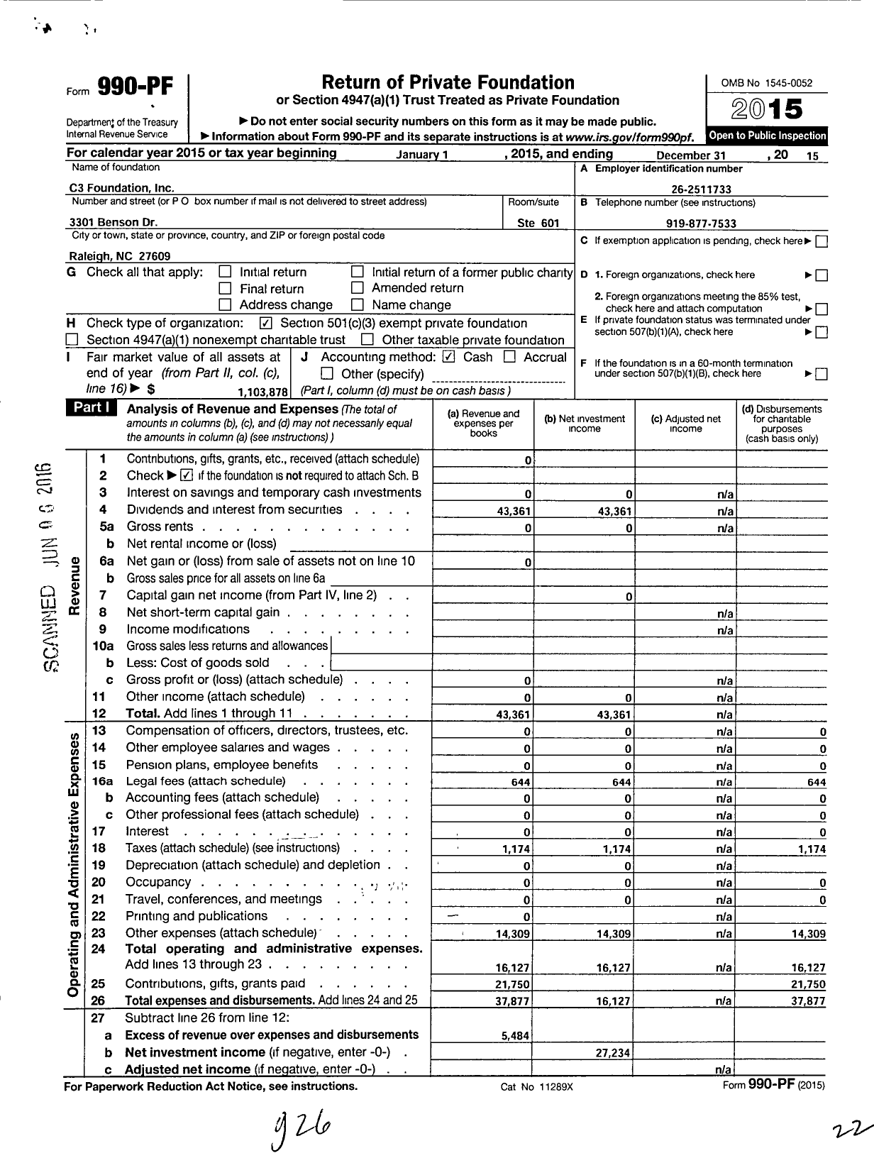 Image of first page of 2015 Form 990PF for C3 Foundation