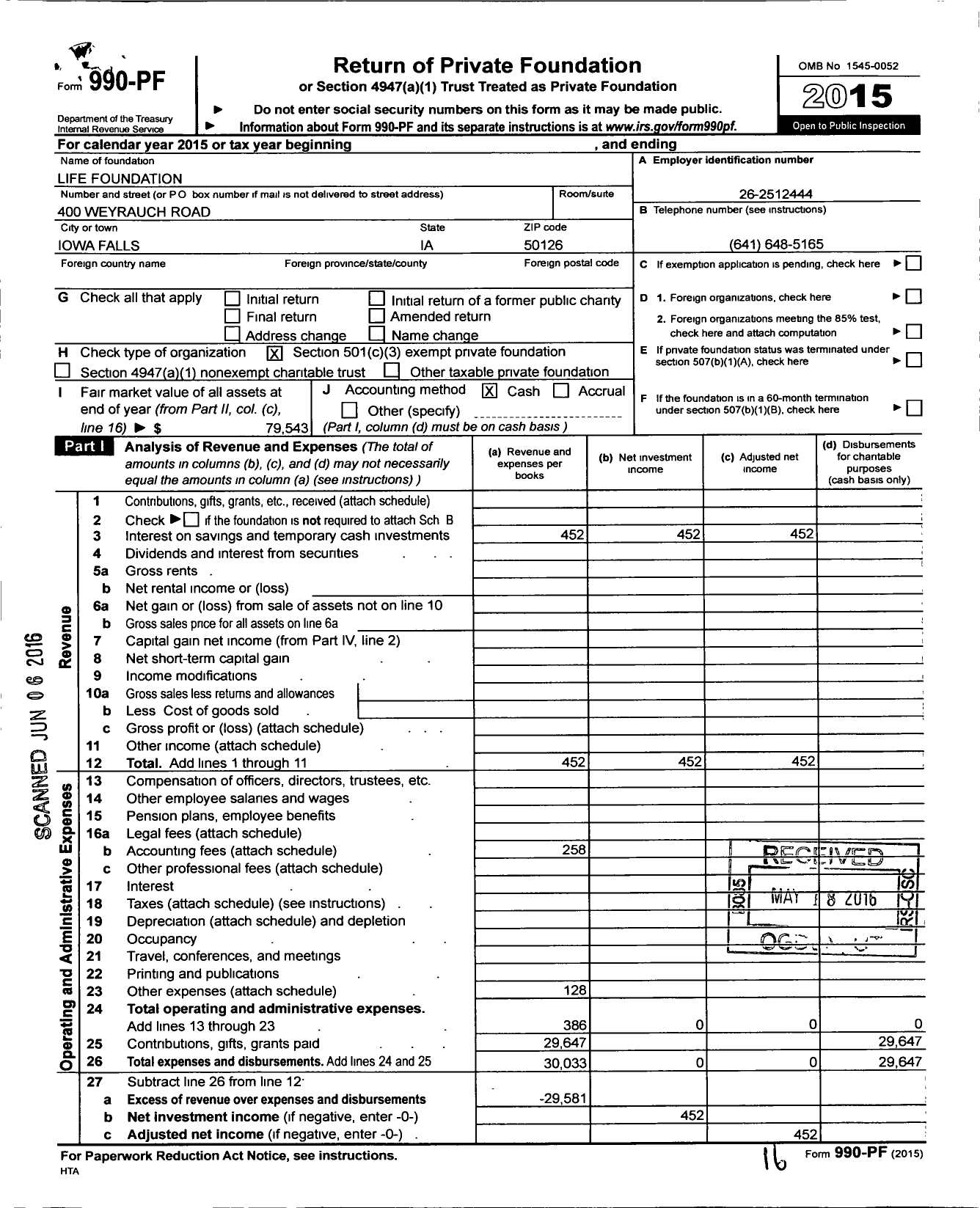 Image of first page of 2015 Form 990PF for Life Foundation