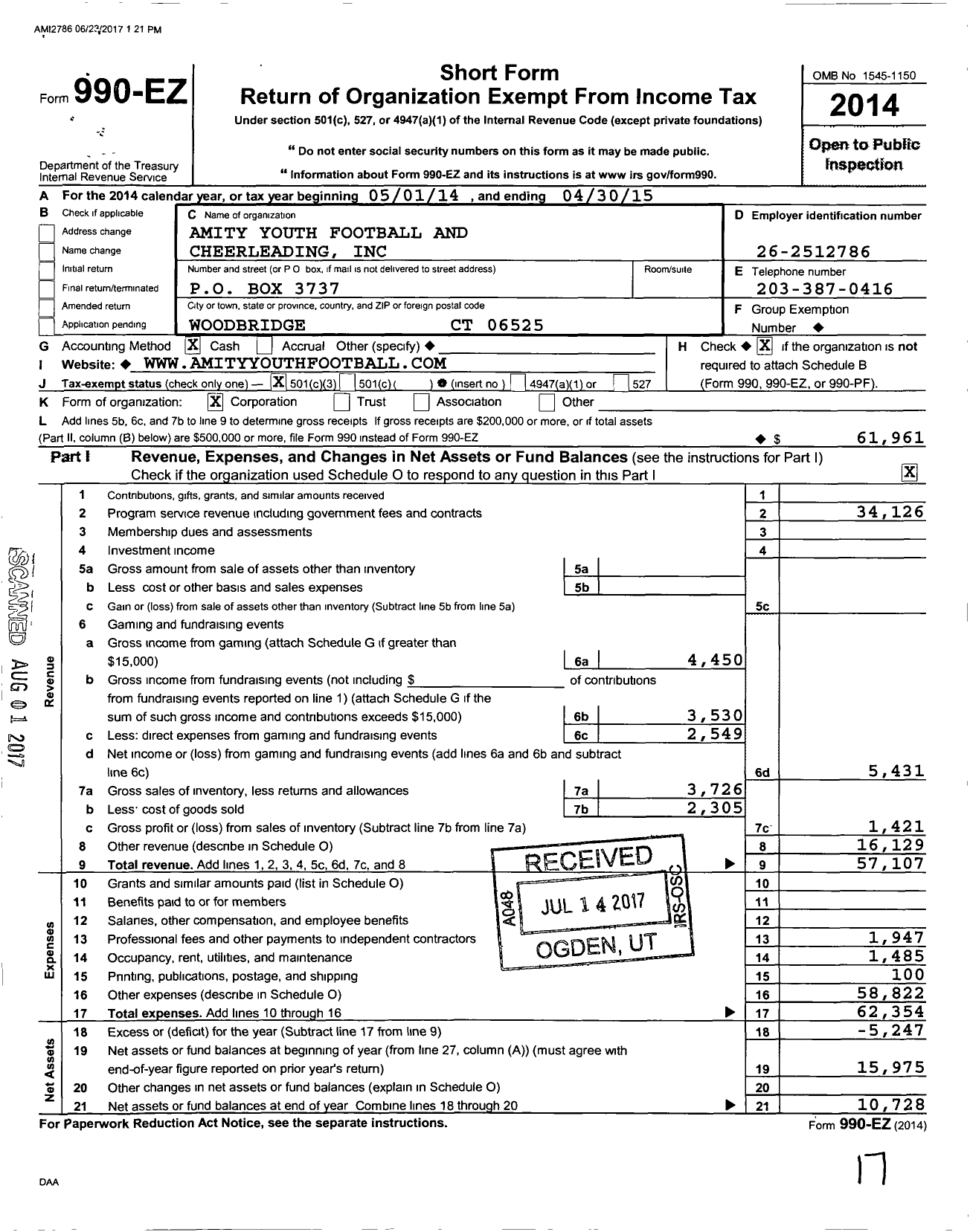 Image of first page of 2014 Form 990EZ for Amity Youth Football and Cheerleading