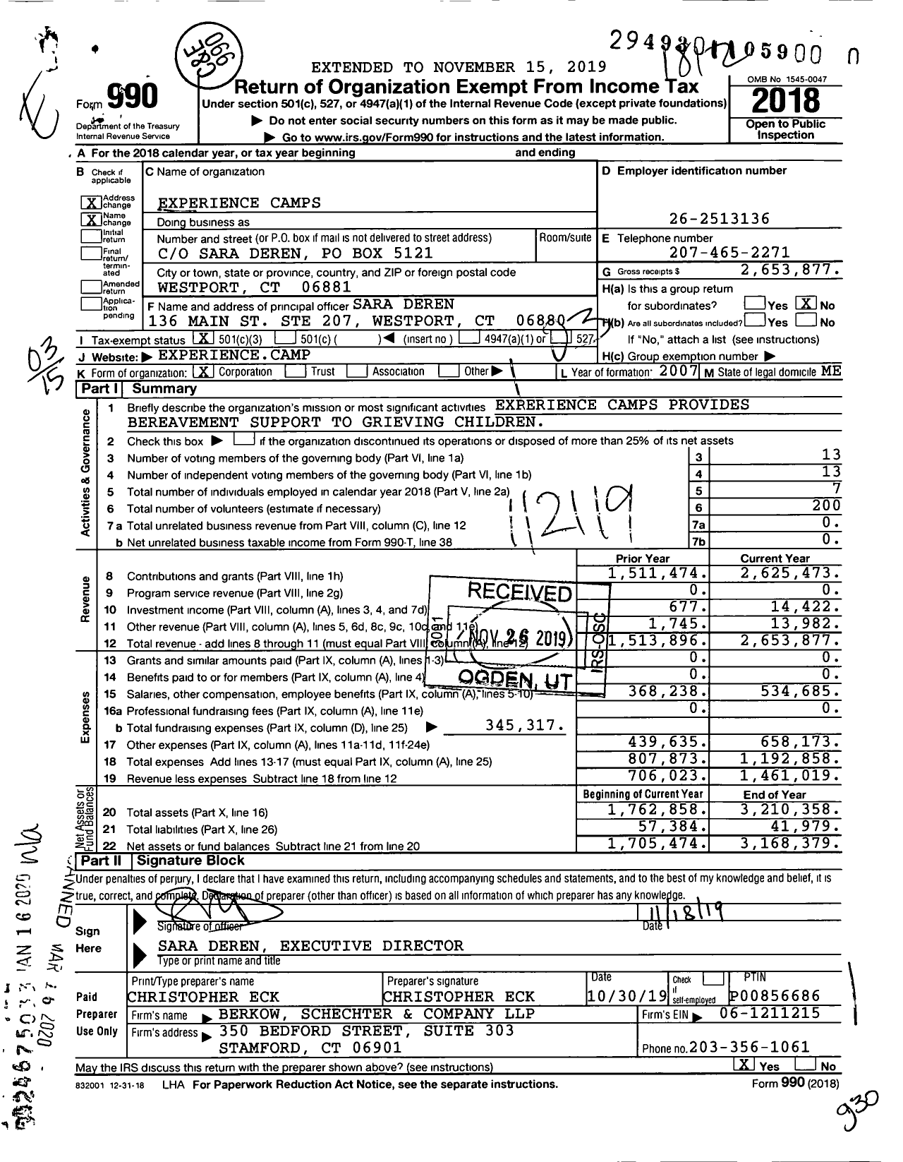 Image of first page of 2018 Form 990 for Experience Camps
