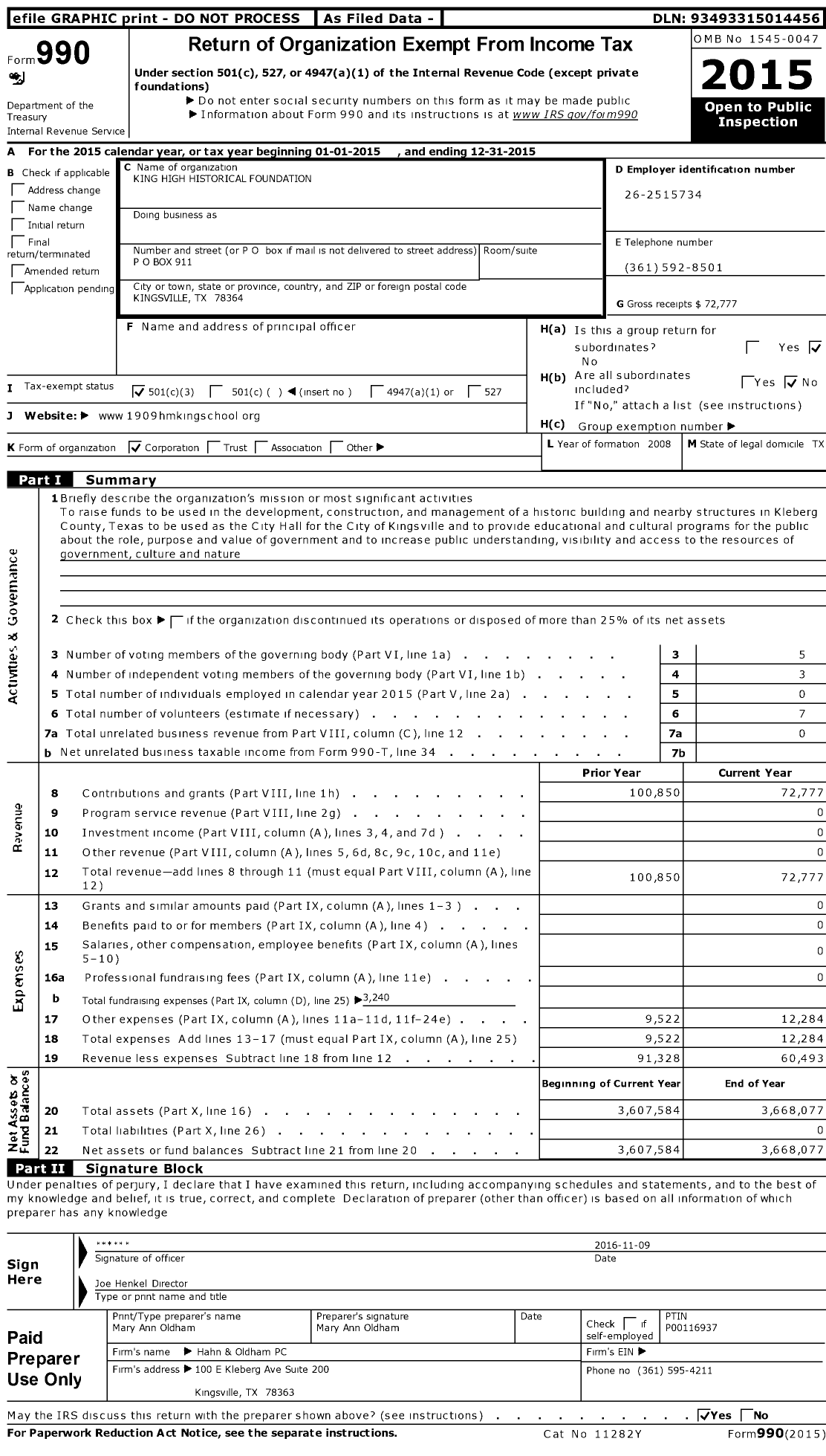 Image of first page of 2015 Form 990 for King High Historical Foundation