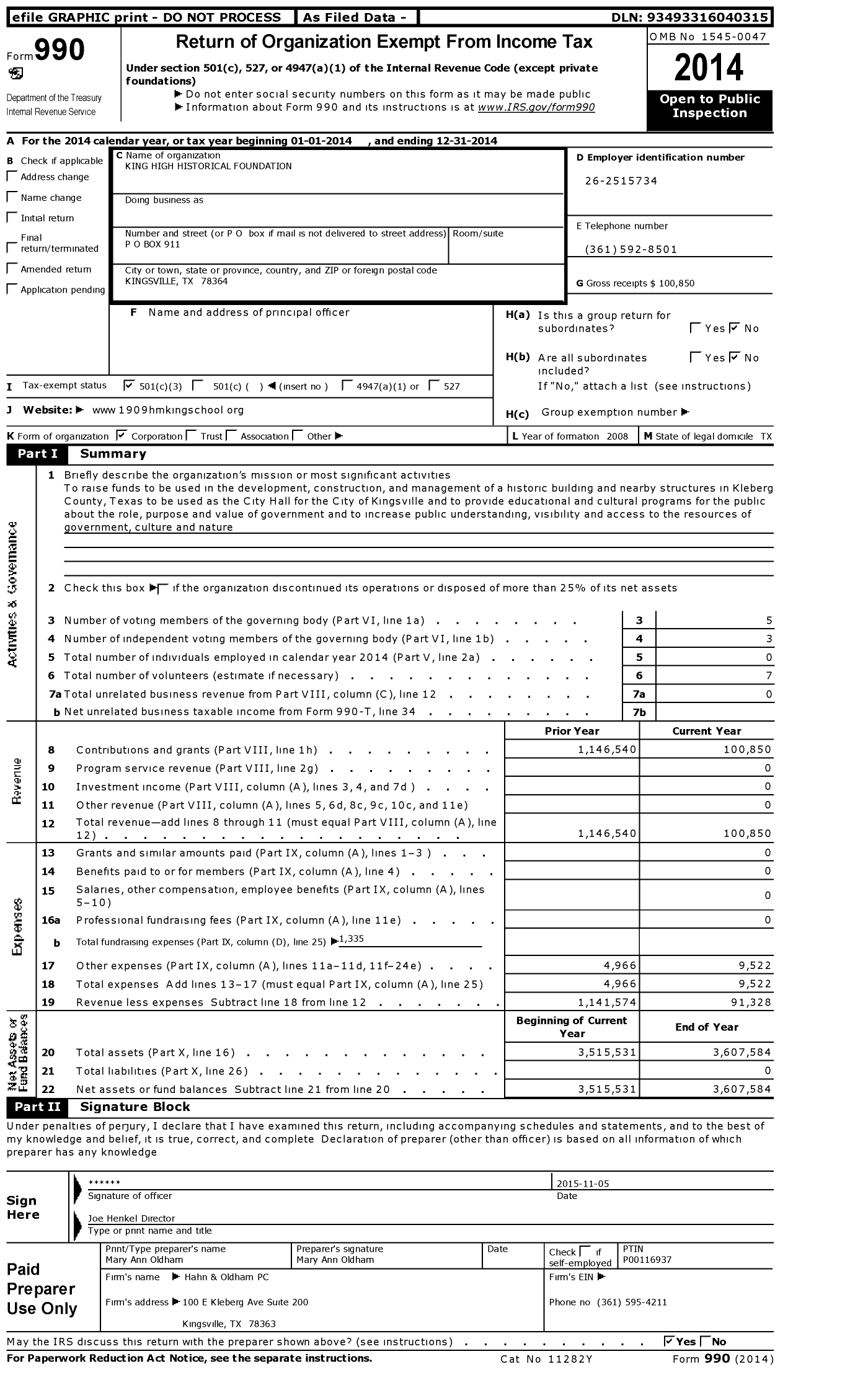 Image of first page of 2014 Form 990 for King High Historical Foundation