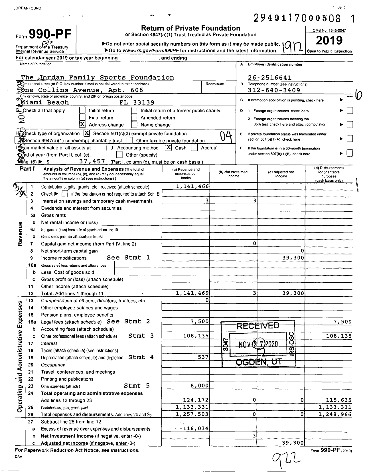 Image of first page of 2019 Form 990PF for The Jordan Family Foundation