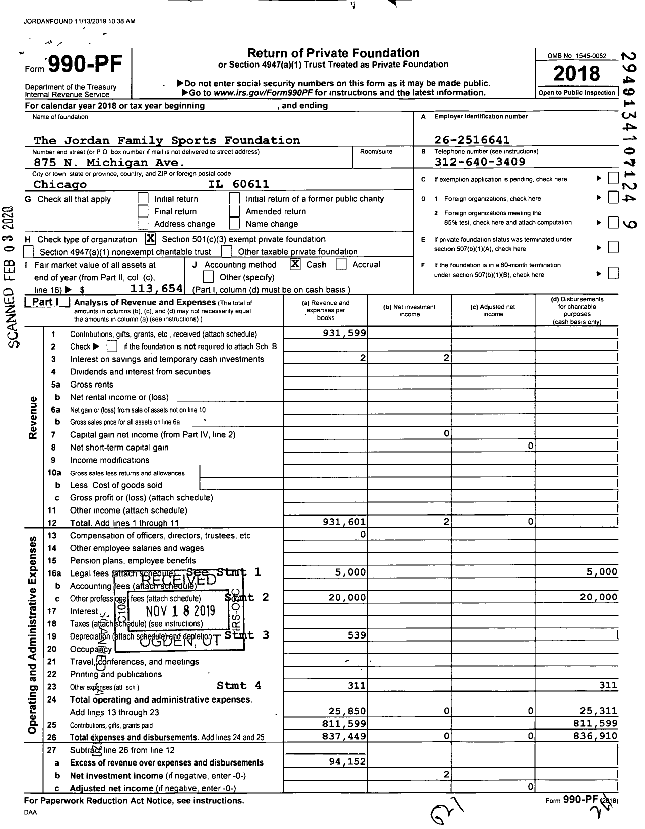 Image of first page of 2018 Form 990PF for The Jordan Family Foundation