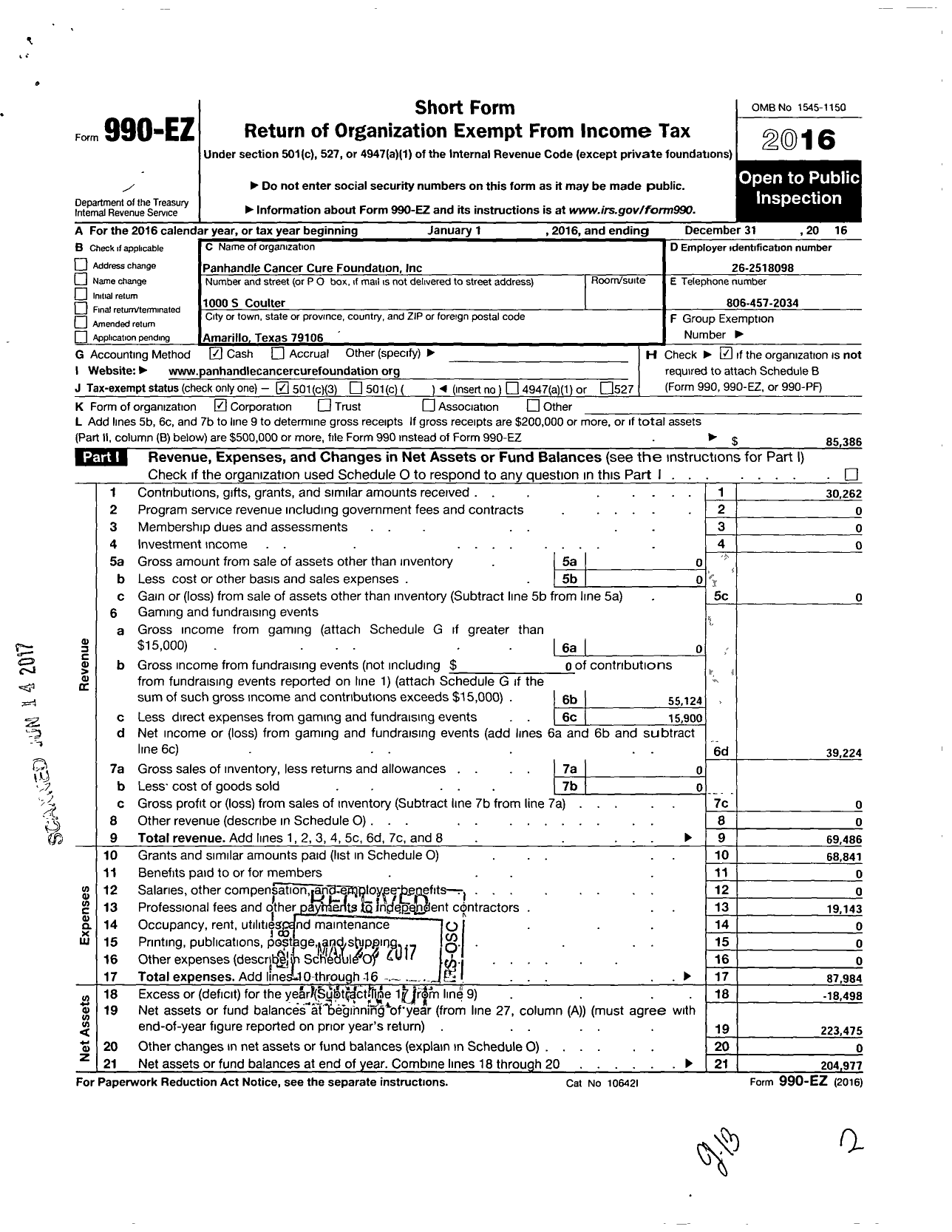 Image of first page of 2016 Form 990EZ for Panhandle Cancer Cure Foundation