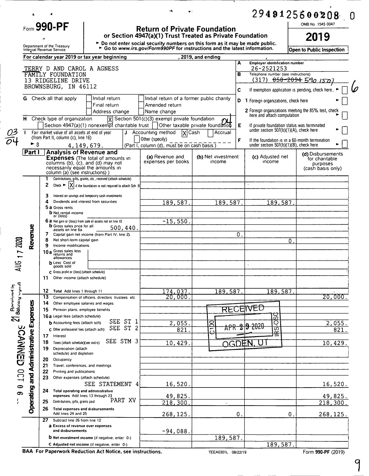 Image of first page of 2019 Form 990PR for Terry D and Carol A Agness Family Foundation