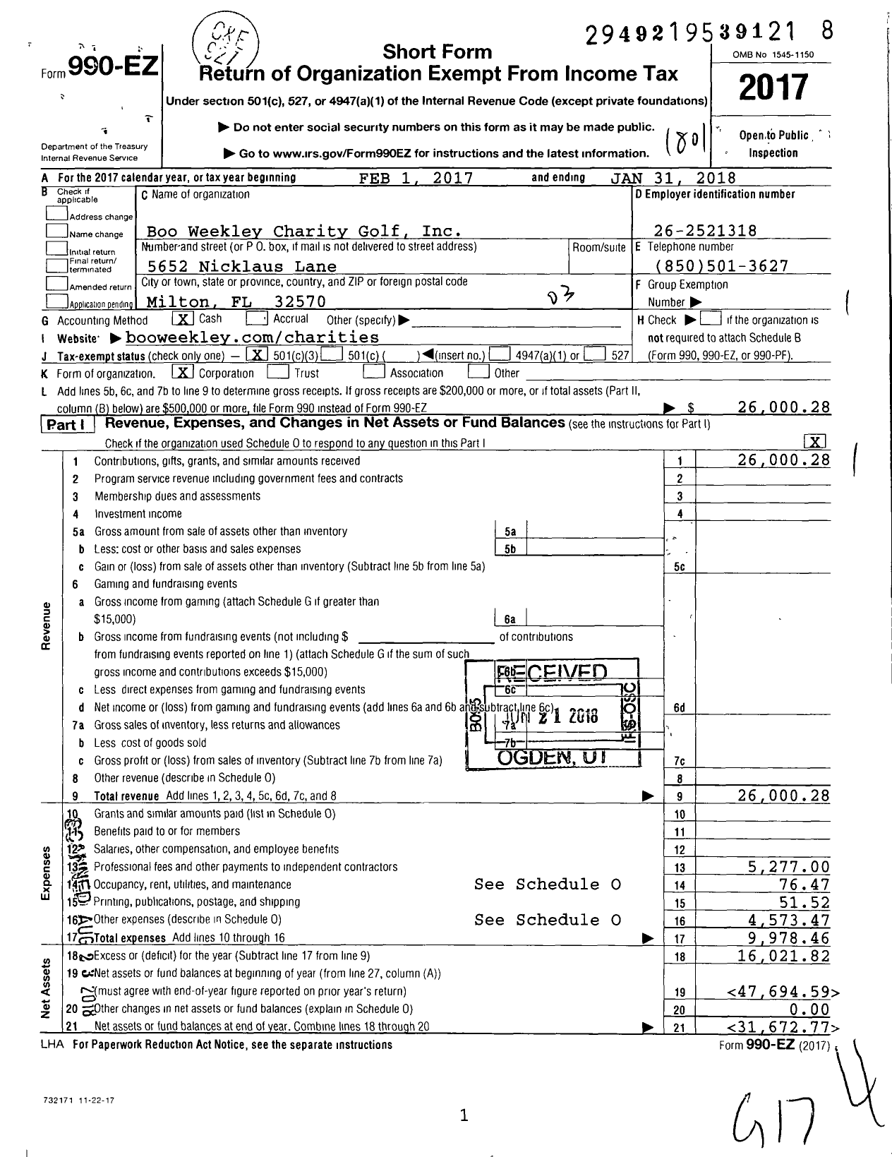 Image of first page of 2017 Form 990EZ for Boo Weekley Charity Golf