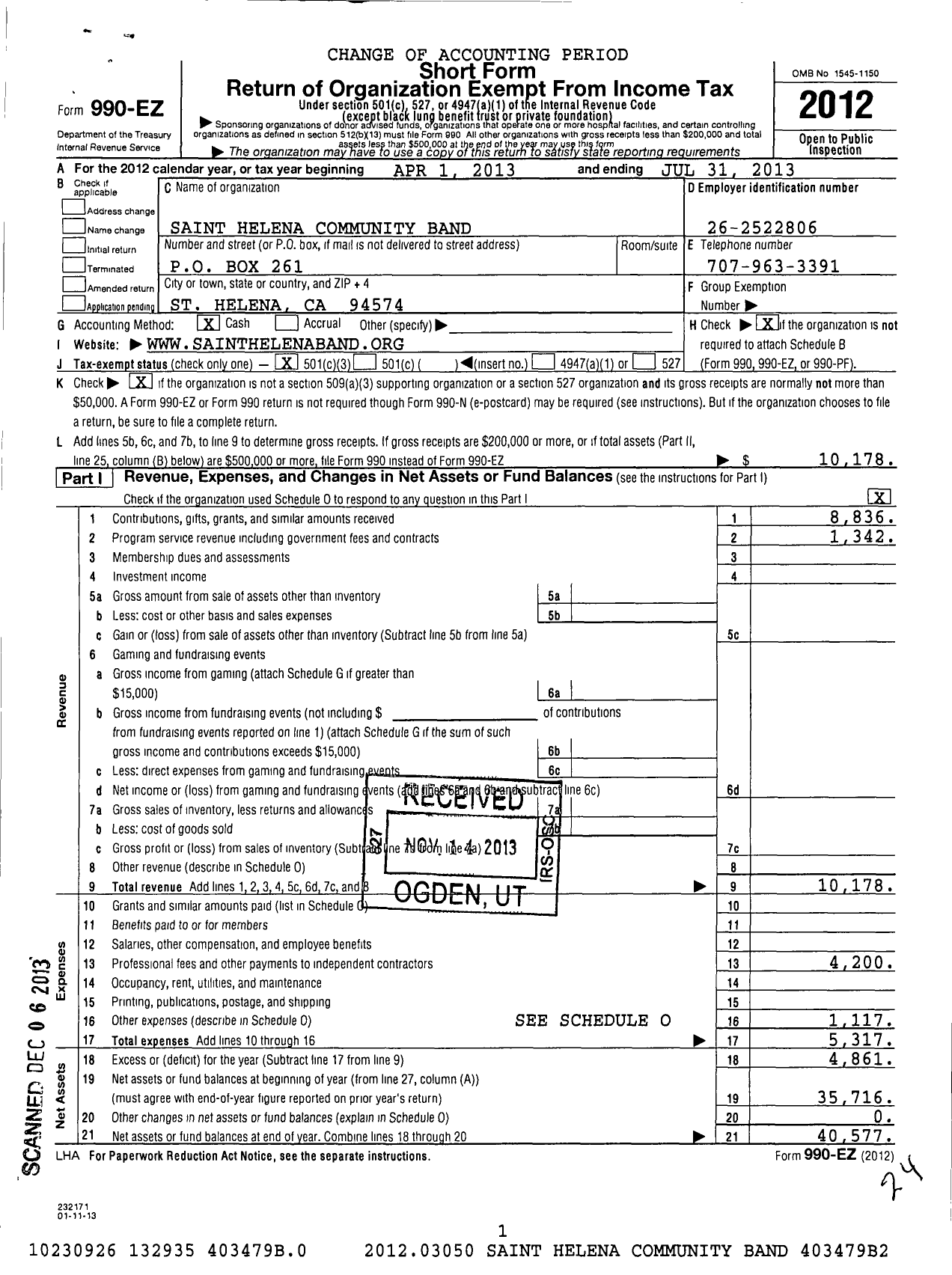 Image of first page of 2012 Form 990EZ for The St Helena Community Band