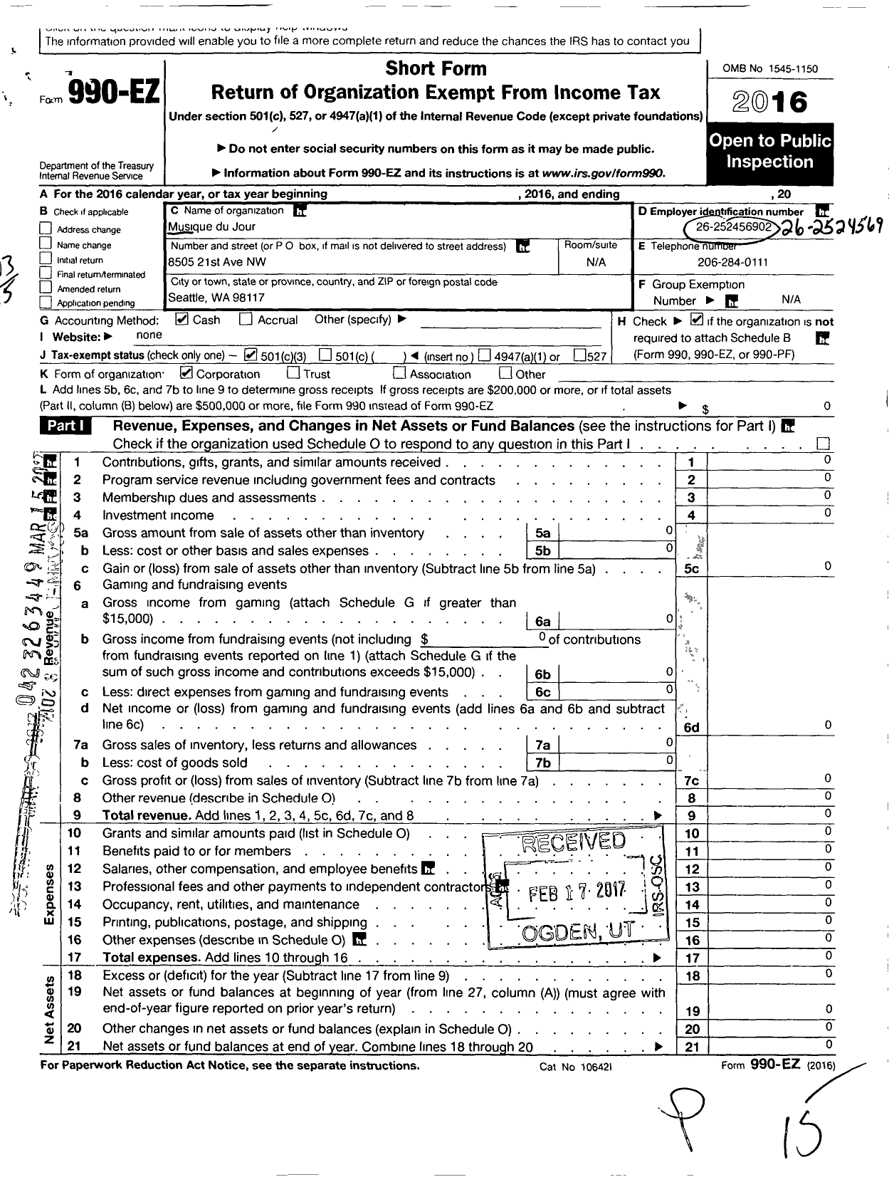 Image of first page of 2016 Form 990EZ for Musique Du Jour