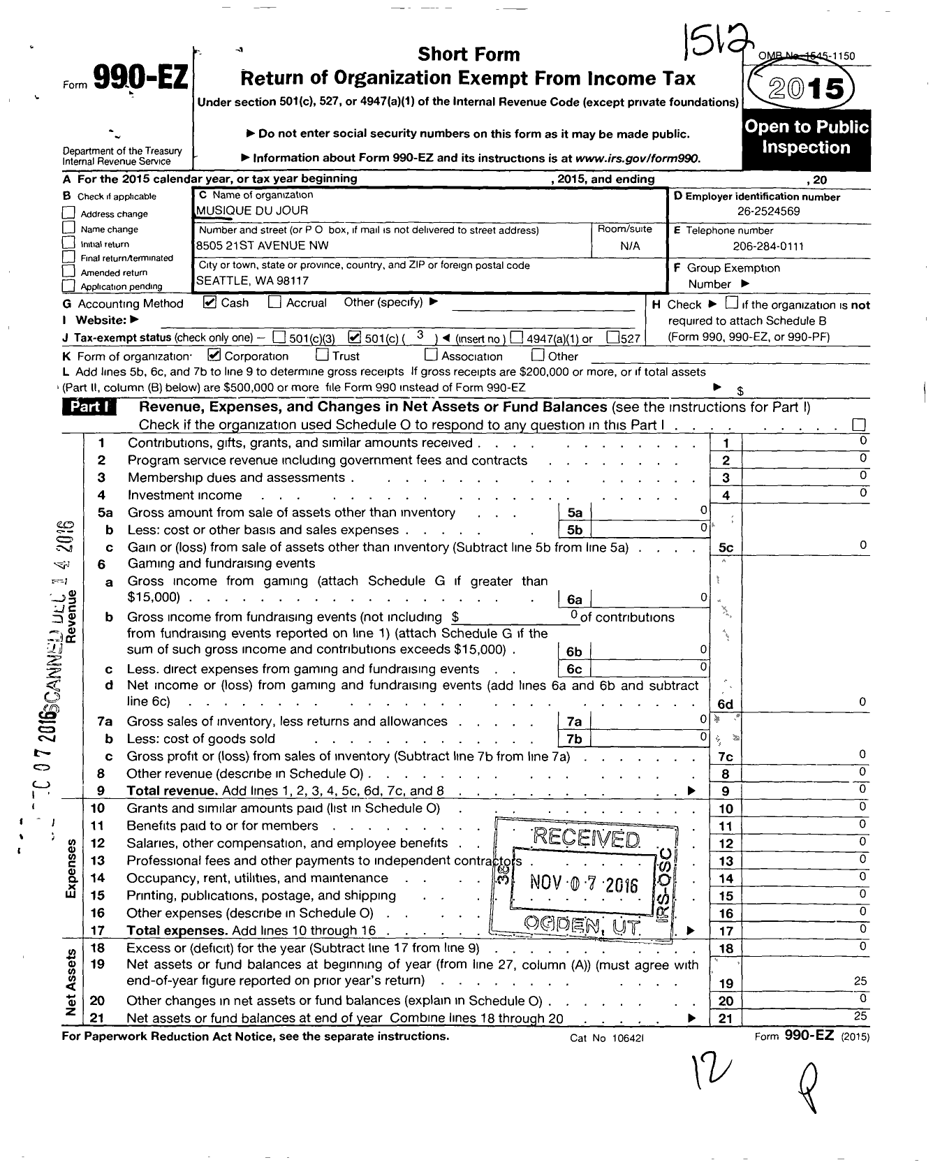 Image of first page of 2015 Form 990EZ for Musique Du Jour