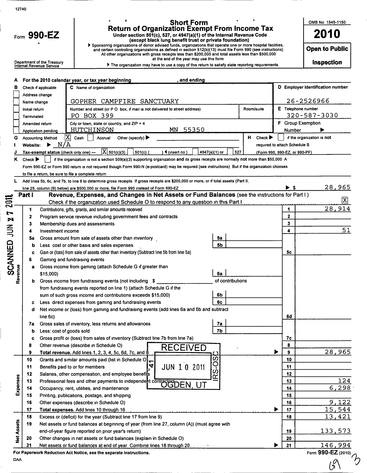 Image of first page of 2010 Form 990EZ for Gopher Campfire Sanctuary