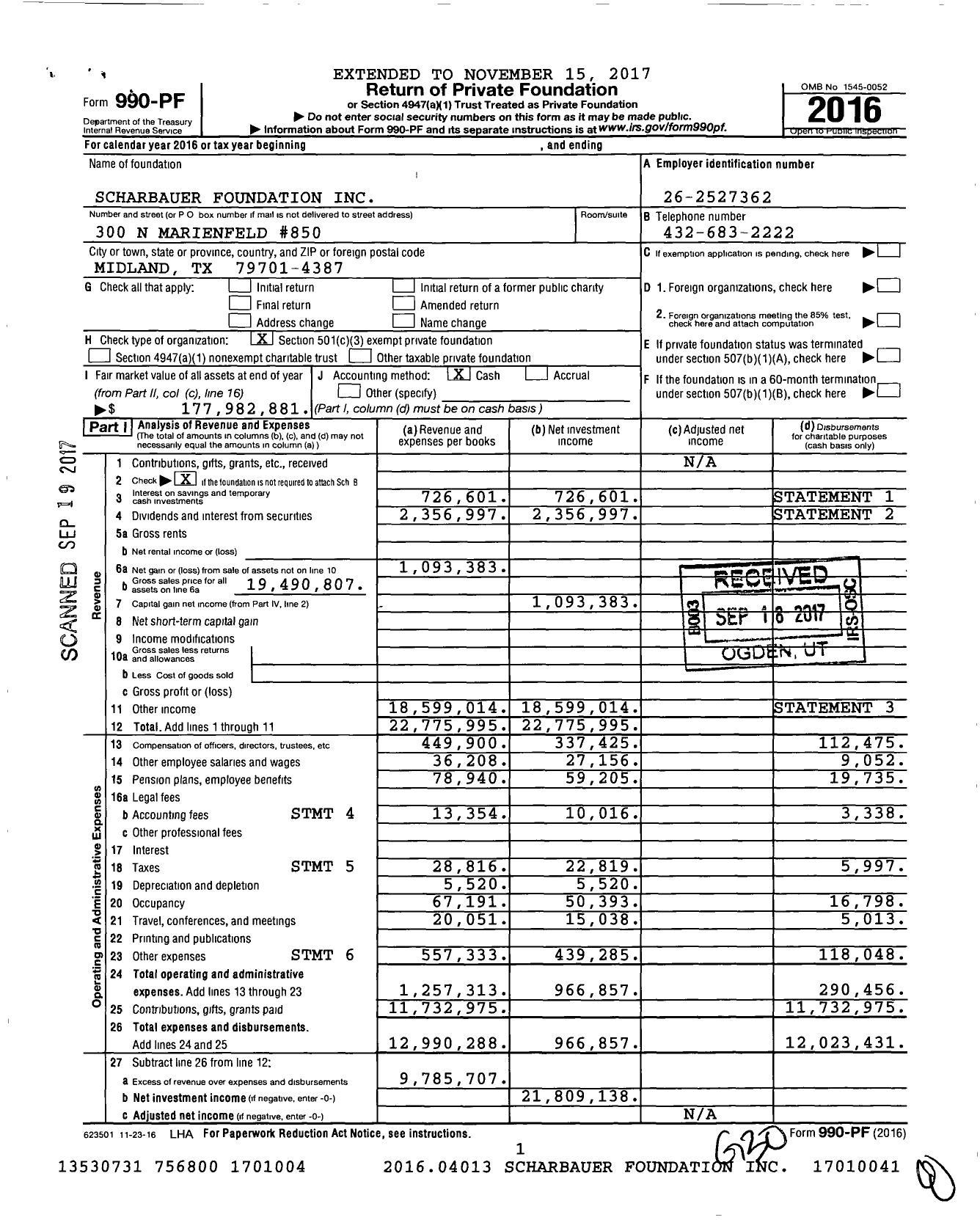 Image of first page of 2016 Form 990PF for Scharbauer Foundation