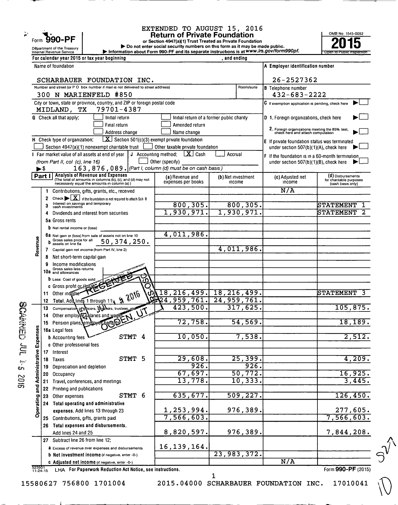 Image of first page of 2015 Form 990PF for Scharbauer Foundation