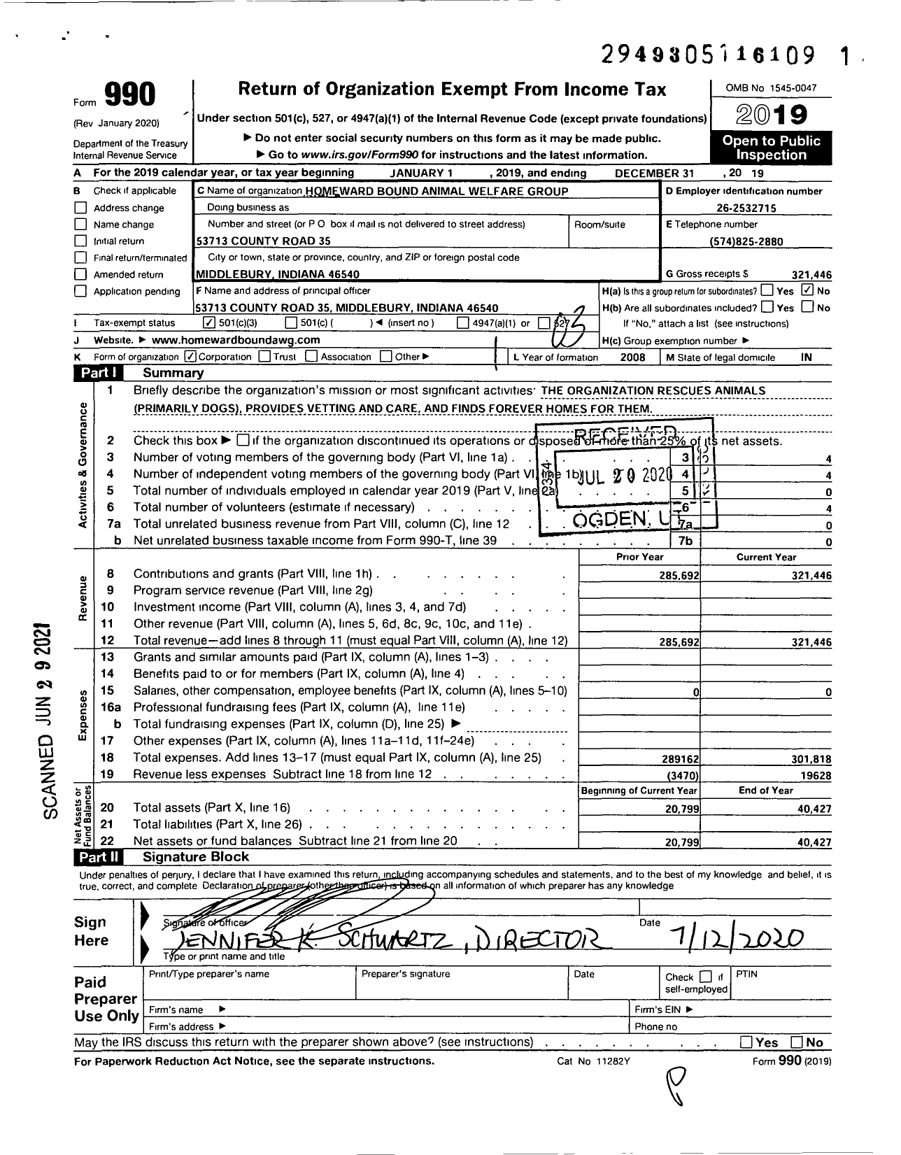 Image of first page of 2019 Form 990 for Homeward Bound Animal Welfare Group