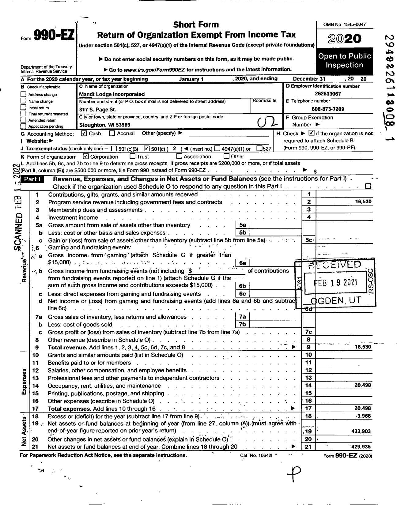 Image of first page of 2020 Form 990EO for Mandt Lodge Incorporated