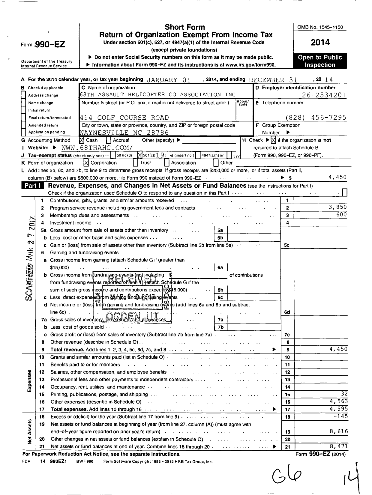 Image of first page of 2014 Form 990EO for 68TH Assault Helicopter Association