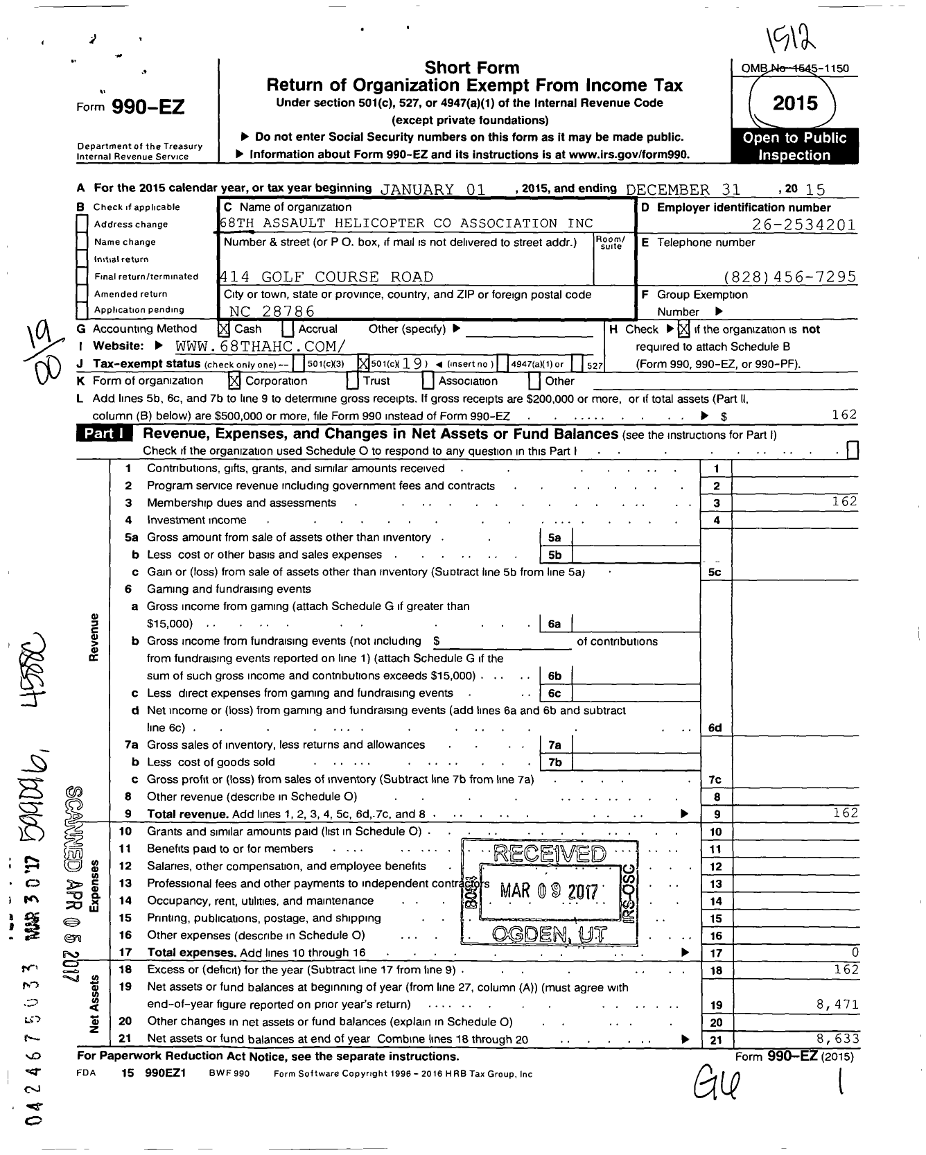 Image of first page of 2015 Form 990EO for 68TH Assault Helicopter Association