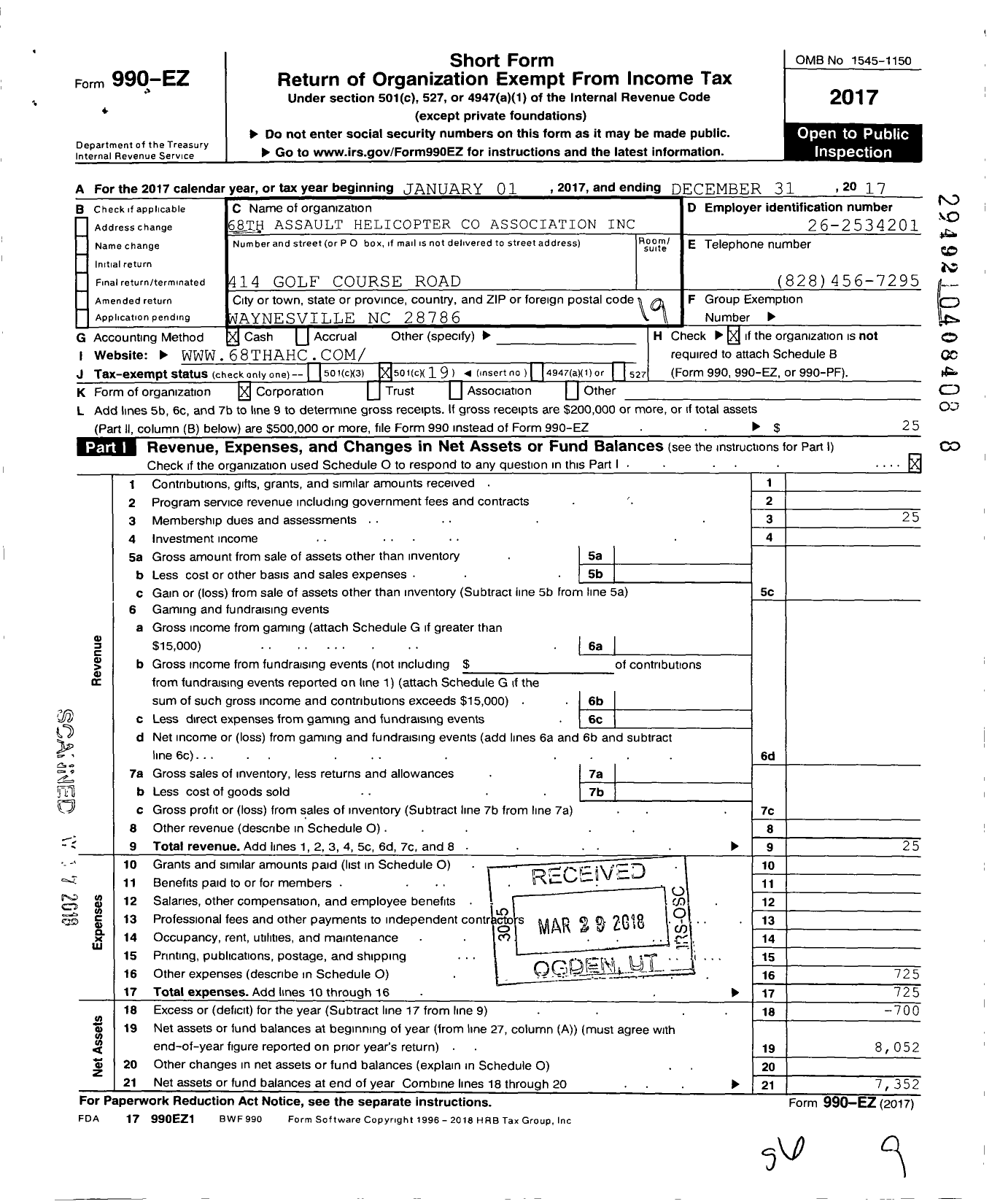 Image of first page of 2017 Form 990EO for 68TH Assault Helicopter Association