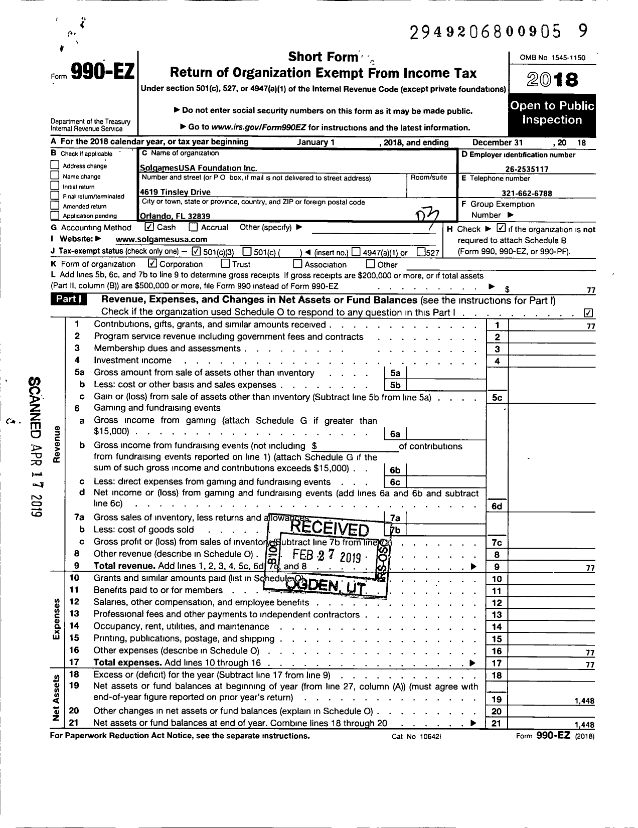 Image of first page of 2018 Form 990EZ for Solgamesusa Foundation