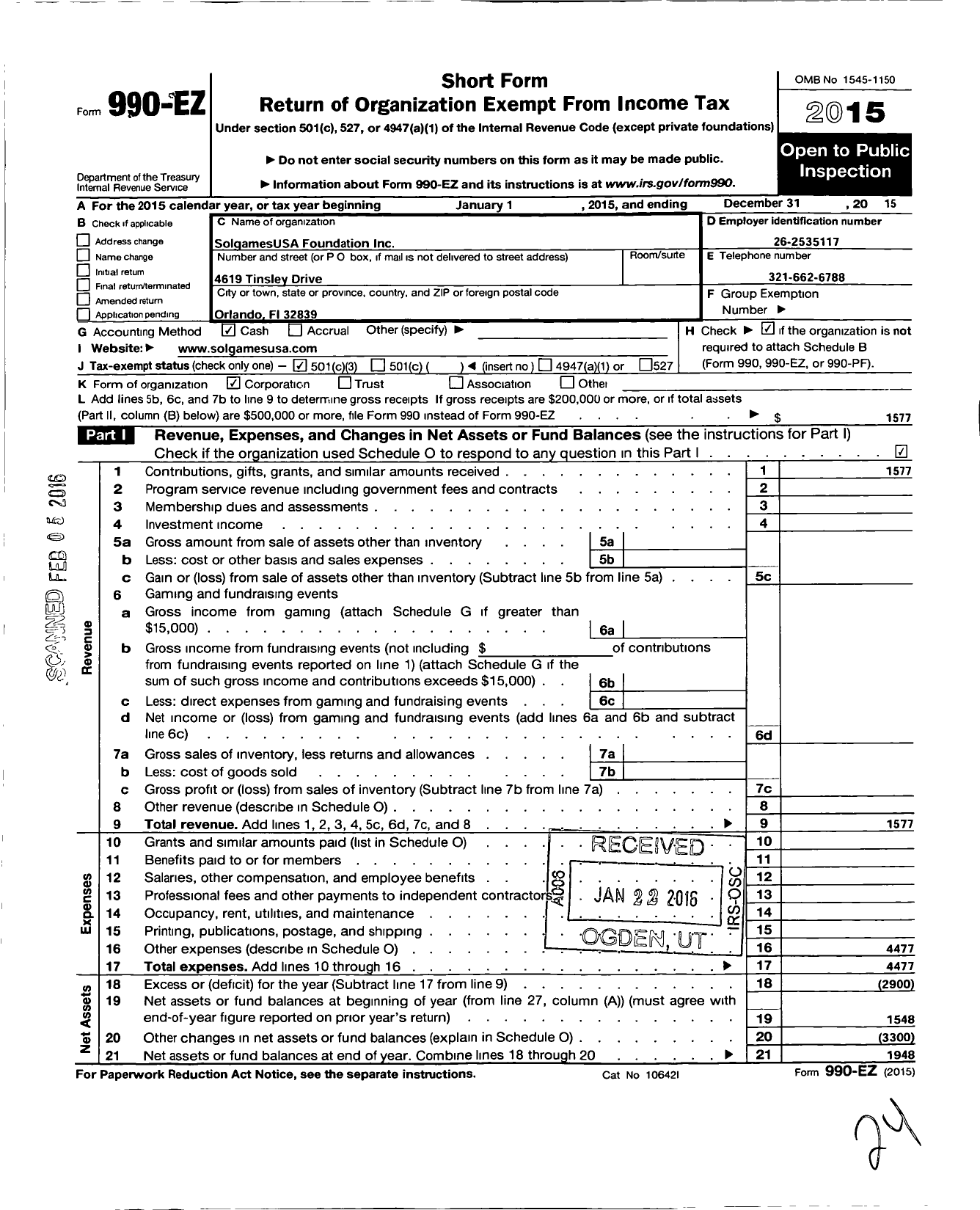 Image of first page of 2015 Form 990EZ for Solgamesusa Foundation