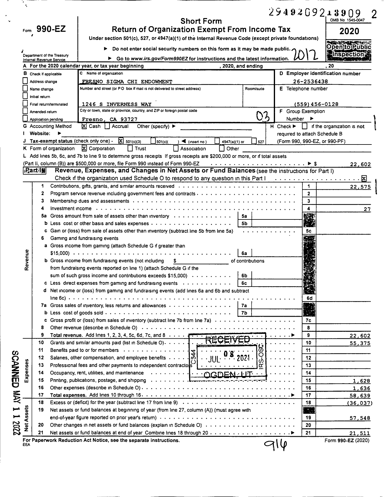 Image of first page of 2020 Form 990EZ for Fresno Sigma Chi Endowment