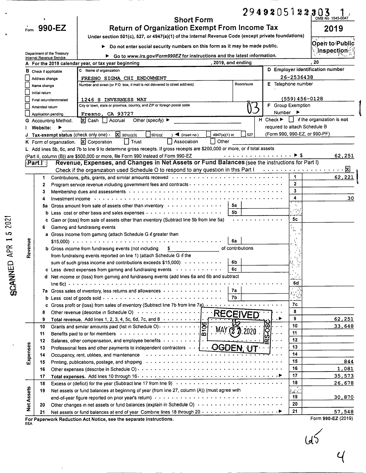 Image of first page of 2019 Form 990EZ for Fresno Sigma Chi Endowment