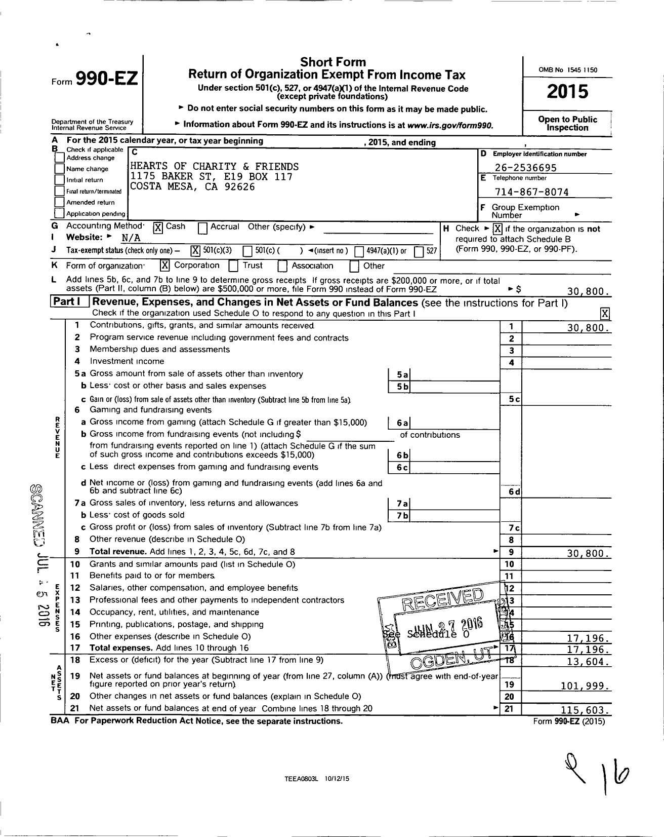 Image of first page of 2015 Form 990EZ for Hearts of Charity and Friends