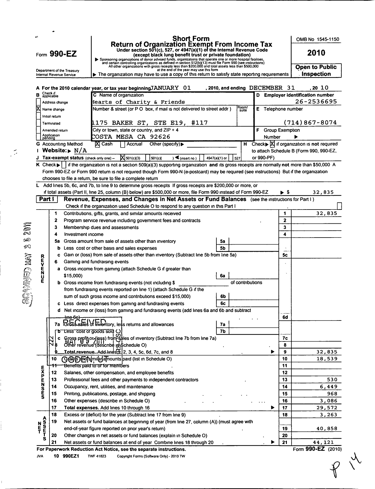 Image of first page of 2010 Form 990EZ for Hearts of Charity and Friends