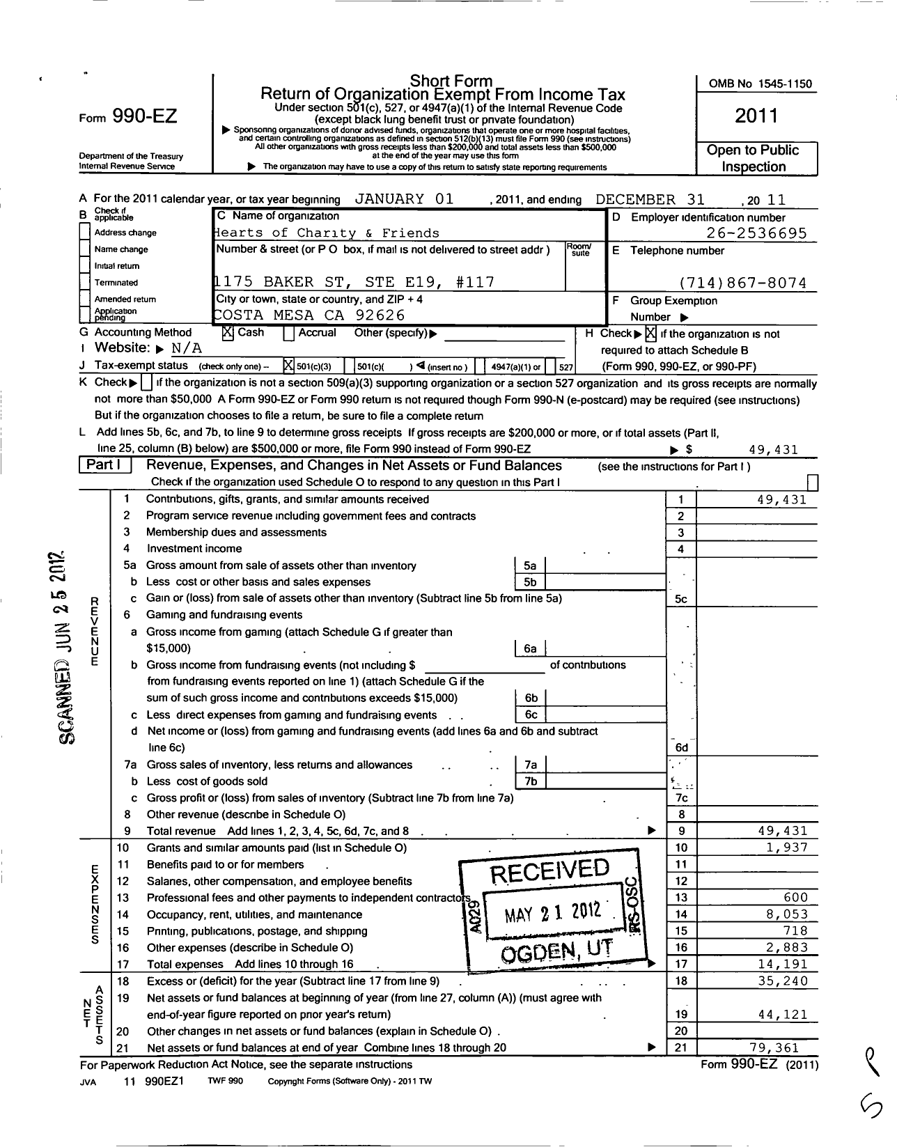 Image of first page of 2011 Form 990EZ for Hearts of Charity and Friends