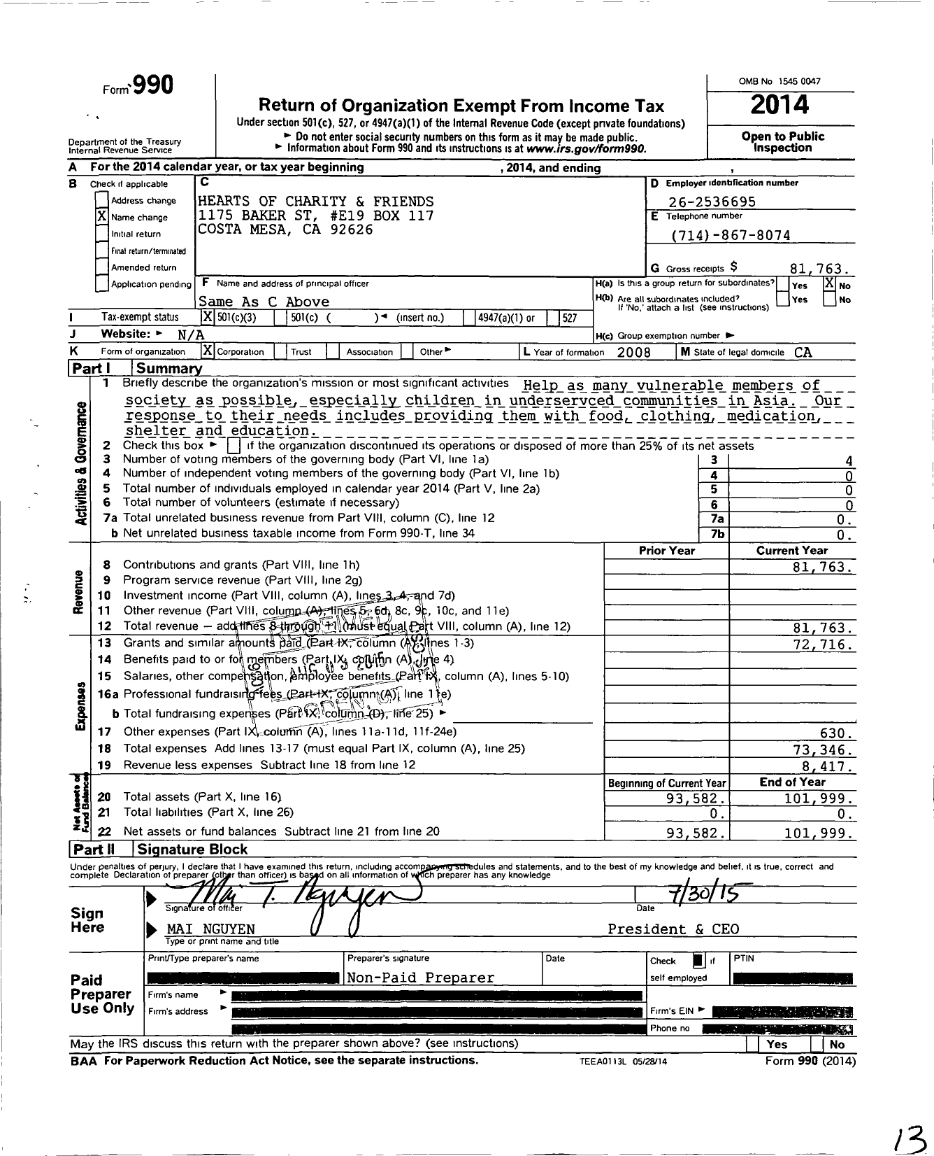 Image of first page of 2014 Form 990 for Hearts of Charity and Friends