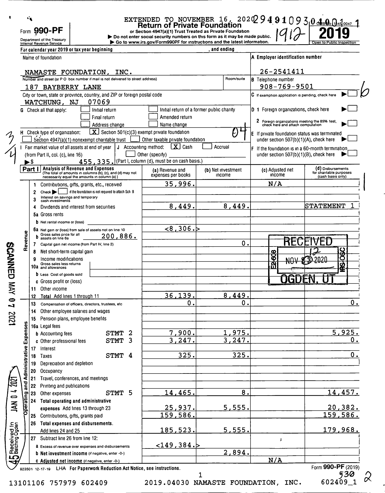 Image of first page of 2019 Form 990PF for Namaste Foundation