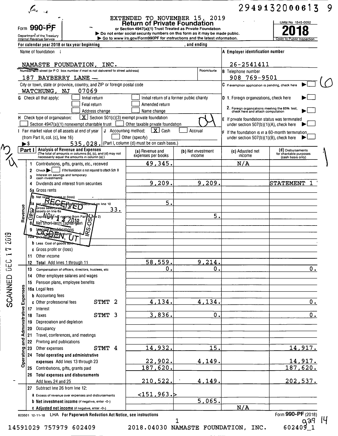 Image of first page of 2018 Form 990PF for Namaste Foundation