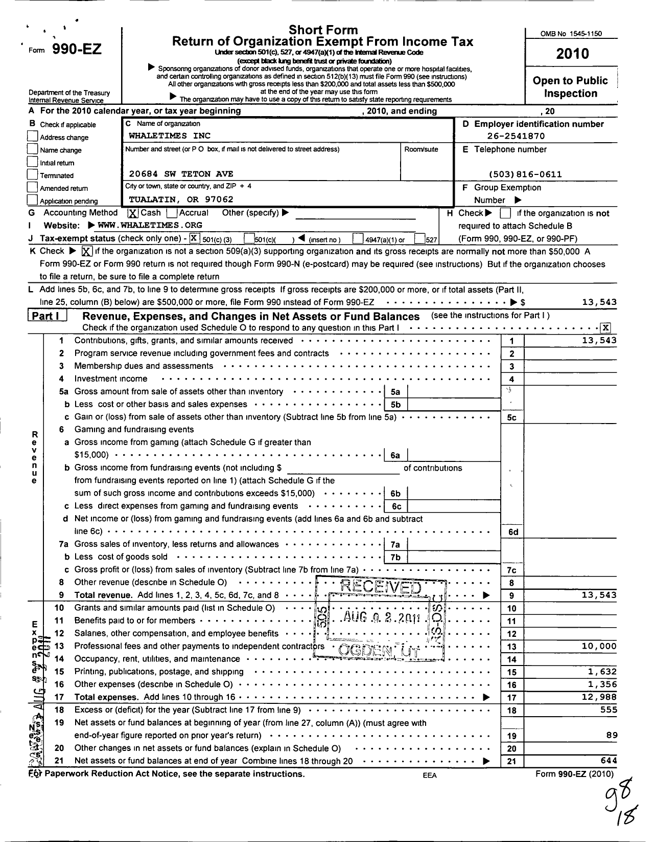 Image of first page of 2010 Form 990EZ for Whaletimes