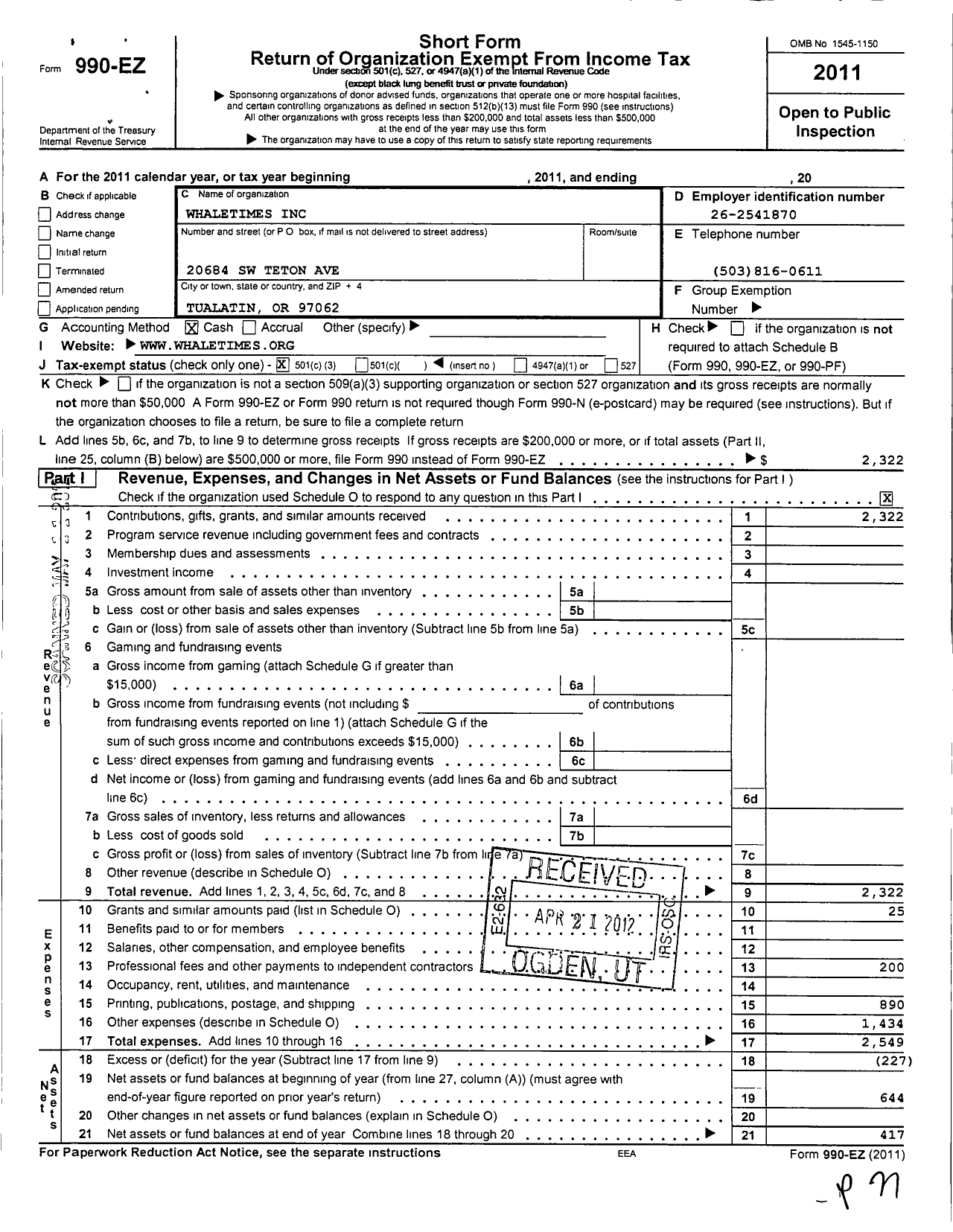 Image of first page of 2011 Form 990EZ for Whaletimes